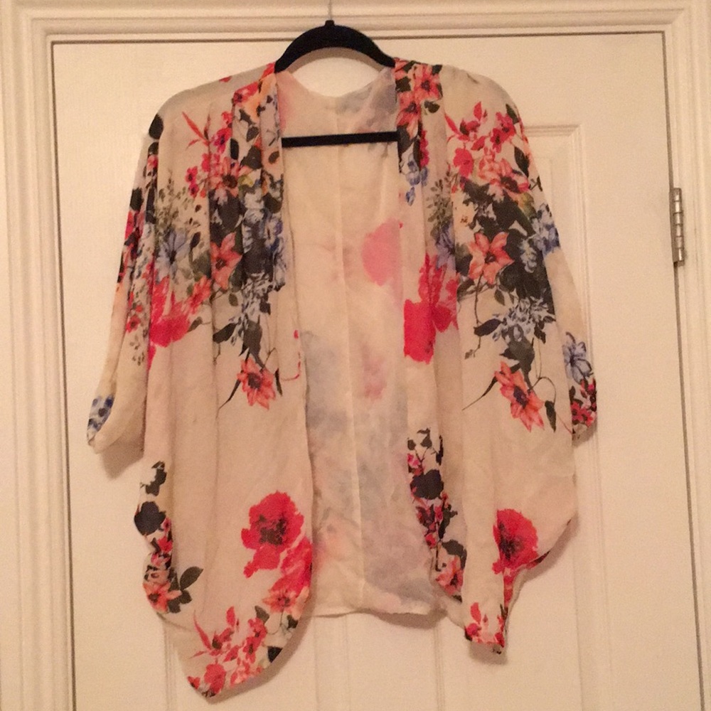 Off-White and Multi-Colored Floral Wrap Kimono